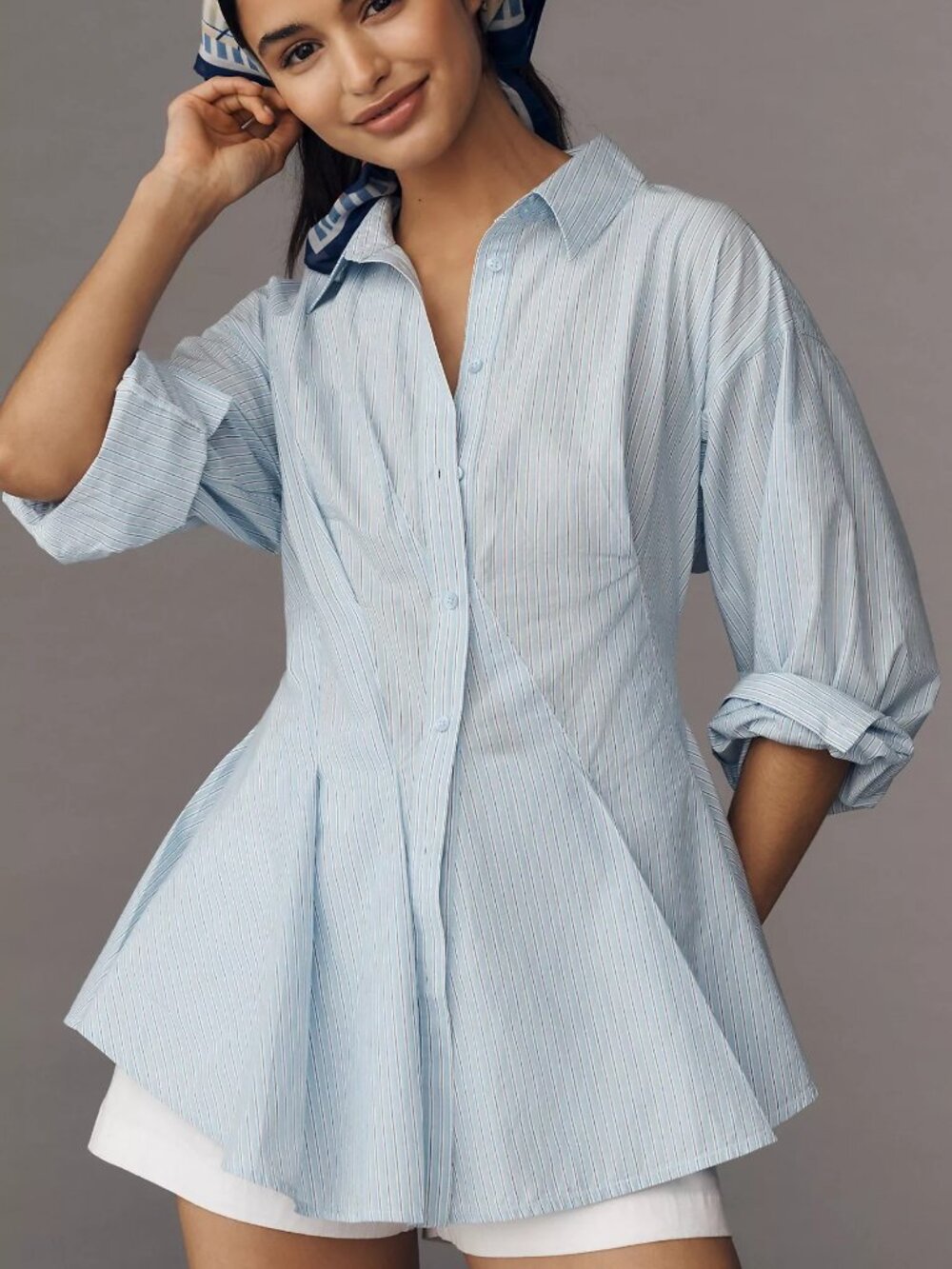 Anthropologie Maeve Long-Sleeve Waisted Buttondown Shirt - Blue Stripe - Size S - Picture 6 of 6